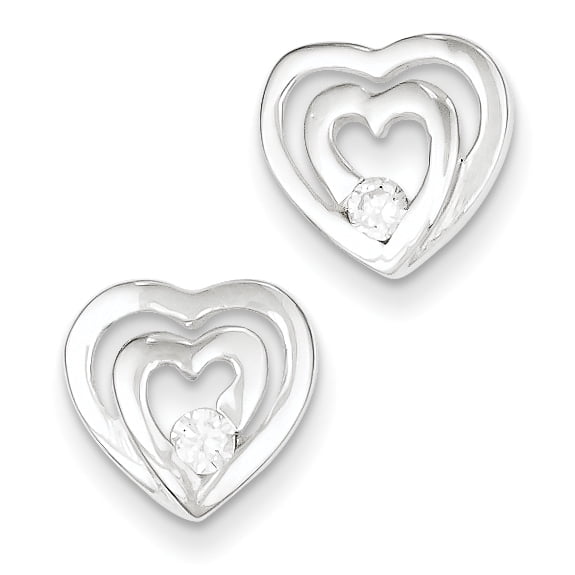 Sterling Silver Double Heart CZ Post Earrings 